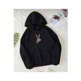 Unisex Siyah Buggs Bunny Baskılı Oversize Kapüşonlu Sweatshirt