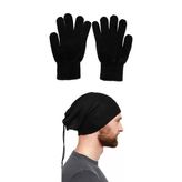 Unisex Siyah Yün Eldiven Polar Bere Boyunluk Set