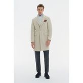 Vakko Beige Herringbone Alpaca Wool Coat - 58 - Bej