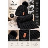 Valens Siyah Ponponlu Bere Atkı 2’li Kışlık Set