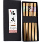 Valkyrie 5 Çift 24CM Bambu Desenli Yemek Çubuğu Seti Hediyelik Kutulu Japon Sushi Chopstick - Ahşap