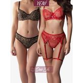 Valunor Duo Set 6-Leopar Kaşkorse Kadın Iç Çamaşırı Takımı ve Kırmızı Kalpli Dantelli Party Jartiyer Takım 2li Set - Leopar - Kırmızı - 75B