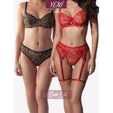 Valunor Duo Set 6-Leopar Kaşkorse Kadın Iç Çamaşırı Takımı ve Kırmızı Kalpli Dantelli Party Jartiyer Takım 2li Set - Leopar - Kırmızı - 85B