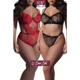 Valunor Duo Set Plus Size Kadın Battal Büyük Beden Kalpli Kırmızı Transparan Bodysuit Ve Siyah Glam Sütyen Tanga 2'Li Set - Set4