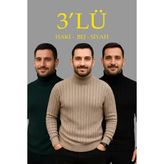 Velmora Fashion Erkek Fitilli Kazak Tam Boğazlı Balıkçı Yaka Triko 3'lü Set Bej-Haki-Siyah - Çok Renkli - XL