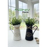 VENİV HOME 2 Adet İtalyan Dekoratif Beyaz & Siyah Bitkili Saksı Set- Yapay Bitkiler Dahil- 18 cm