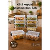 Vienev 10'lu Kilitli Kapak Saklama Kabı Seti 1 Lt Şeffaf Dikdörtgen Mikrodalga Uyumlu Saklama Kutusu