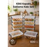 Vienev 10'lu Kilitli Kapak Saklama Kabı Seti 600 ml Şeffaf Dikdörtgen Mikrodalga Uyumlu Saklama Kutusu