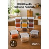 Vienev 12'li Kilitli Kapak Saklama Kabı Seti 550 ml Şeffaf Kare Mikrodalga Uyumlu Saklama Kutusu