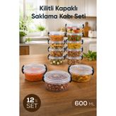 Vienev 12'li Kilitli Kapak Saklama Kabı Seti 600 ml Şeffaf Yuvarlak Mikrodalga Uyumlu Saklama Kutusu