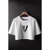 Viking Baskılı Crop Tshirt - Beyaz