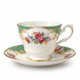 Vintage Çay Fincanı ve Tabağı Seti, Yeşil-Beyaz Desenli, Çiçek Motifli, Altın Yaldızlı Porselen