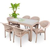 Violet Rattan Kapuçino Renkli Masa Takımı 80x140 cm Camlı Masa Plastik Rattan 6 Kişilik Bahçe Bambu Sandalye Seti Bahçe Balkon Teras Takımı