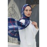 Vissona Krep Şal 75x195 Lacivert Ekose Desenli Kırışmaz Kadın Şal