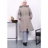 Vizon Kapüşonu Kürklü Uzun Şişme Mont - 48