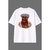 Vsrn Çay Bardağı Tasarım Arka Baskılı Beyaz Oversize T Shirt - XL