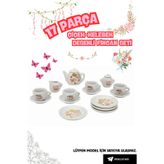 welcomein 17 Parça Porselen Çay Seti Kırmızı Çiçekli Puantiyeli Çiçek Kelebek Desenli Oyuncak Çay Takımı