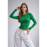 WILD BEE Kadın Yeşil Bisiklet Yaka Uzun Kollu Basic Bluz