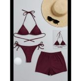 Womanandkids Fantezia Night Kadın 3'lü Set Bordo Şortlu ve Yandan Bağlamalı Bikini Mayo Takımı
