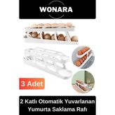 Wonara Premium Plastik 2 Katlı Otomatik Geniş Kapasiteli Yuvarlanan Yumurta Saklama Düzenleyici Rafı 3 Adet - Beyaz