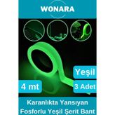 Wonara Premium Yapışkanlı Karanlıkta Yansıyan Işık Veren Fosforlu (Fotolümen) Yeşil Şerit Bant 4 mt 3 Adet