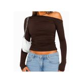 World Fashion Trends 2890 Kahverengi Düşük Omuz Büzgülü Crop Bluz
