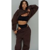 YAKAMEL Kadın Eşofman Takımı Sweatshirt Jogger KAHVE Oversize Şardonlu Kapüşonlu