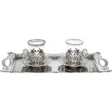 Yaren Style İkili Osmanlı Lale Dekorlu Kuplu Çay Bardağı, Çay Kaşığı & Tepsili - Gümüş - 150 ml