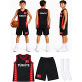 Yensa Türkiye Armalı Siyah-Kırmızı Çocuk Basketbol Forması Çorap Hediyeli - Siyah - Kırmızı - 7 - 8 Yaş