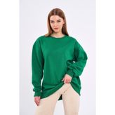 Yeşil Kadın Pamuklu Oversize Basic Bisiklet Yaka Sweatshirt