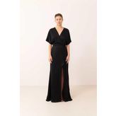 Yırtmaçlı Saten Elbise Siyah