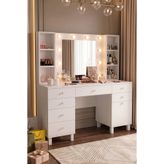 Yurudesign Monroe Makyaj Masası 7 Çekmece Kapaklı Düzenleyici Hollywood Led Işıklı Raflı Beyaz MO5-W
