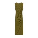 ZARA Drapeli Midi Elbise, Yağ Yeşili, beden: S