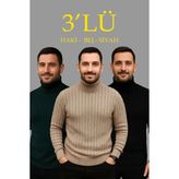 Zenvia Erkek Fitilli Kazak Tam Boğazlı Balıkçı Yaka Triko 3'lü Set Bej-Haki-Siyah - Renkli - Standart