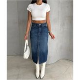 Zeo Basic Maxı Boy Taşlamalı Mavi Jean Etek - 36