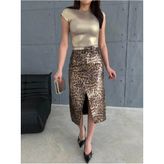 Zeo Basic Varak Baskılı Leopar Desnli Midi Etek - Altın - Leopar - 38