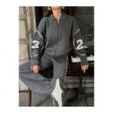 ZERELLE COLLECTİON kadın spor triko eşofman takımı gri fermuarlı üst geniş paça alt pantolon takım