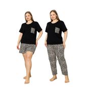 %100 Pamuk Büyük Beden 3 Parça Kadın Pijama Takımı Leopar L
