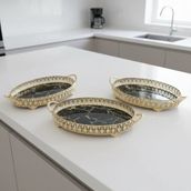 3 Adet Gold Renk Mermer Desen Metal Çerçeveli Cam Nişan-Servis Tepsi Seti – 28×19 cm - 28 cm