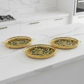 3 Adet Gold Renk Vav Desen Metal Çerçeveli Cam Nişan-Servis Tepsi Seti – 28×19 cm - 28 cm