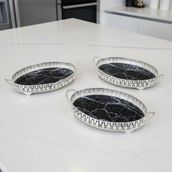 3 Adet Gümüş Renk Mermer Desen Metal Çerçeveli Cam Nişan-Servis Tepsi Seti - 28X19 cm - 28 x 20 cm