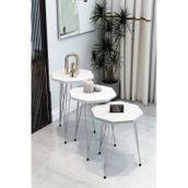 3'lü Sekizgen Zigon Sehpa Seti - Gümüş Metal Ayaklı, Modern & Şık Yan Sehpa, Dayanıklı Salon Ofis - Beyaz