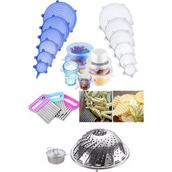 3lü Set Buharda Pişirme Aparatı Haşlama Sepeti + Cips Patates Doğrayıcı + 6'li Streç Silikon - Çok Renkli - Standart