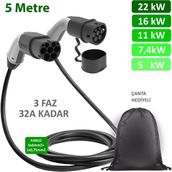 5 Metre, Elektrikli Araç Şarj Kablosu 22KW-16KW-11KW-7,4KW-5KW-3,7KW 32A Kadar -Tr-Ab Tüm Tip 2 Araçlara Uyumlu