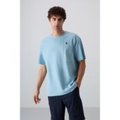 Açık Mavi Pamuklu Kalın Yüzeyi Dokulu Oversize Fit Baskılı Erkek T-Shirt