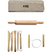 Acuto Beyaz Seramik Hamuru 4 kg Seramik Çamuru Çamur Kesme Teli Seramik Kili Ahşap Merdane