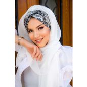 Aişe Tesettür Siyah Beyaz Etnik Desen Büzgülü Hazır Şal
