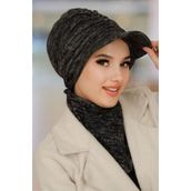 Aişe tesettür Siyah Gri Melanj Tesettür Şapka ve Etol Takım