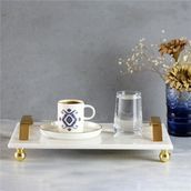 Akayev Mermer Beyaz 30x20 cm Altın Boncuk Ayaklı Tepsi