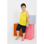 Akbeniz 20435 Sarı Erkek Çocuk Sıfır Kol Şortlu Beyaz Penye Pijama Takımı